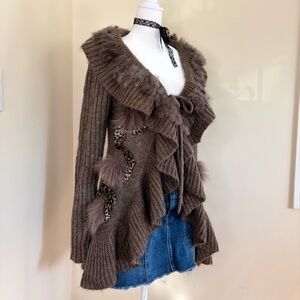 Vintage Y2K euro glam wool ruffle cardigan fur trim long sweater duster brown S
